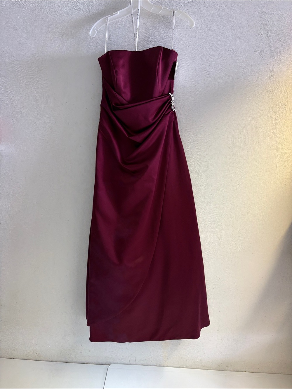 David's Bridal Strapless Wine/Burgundy Formal Dress with Side Drape